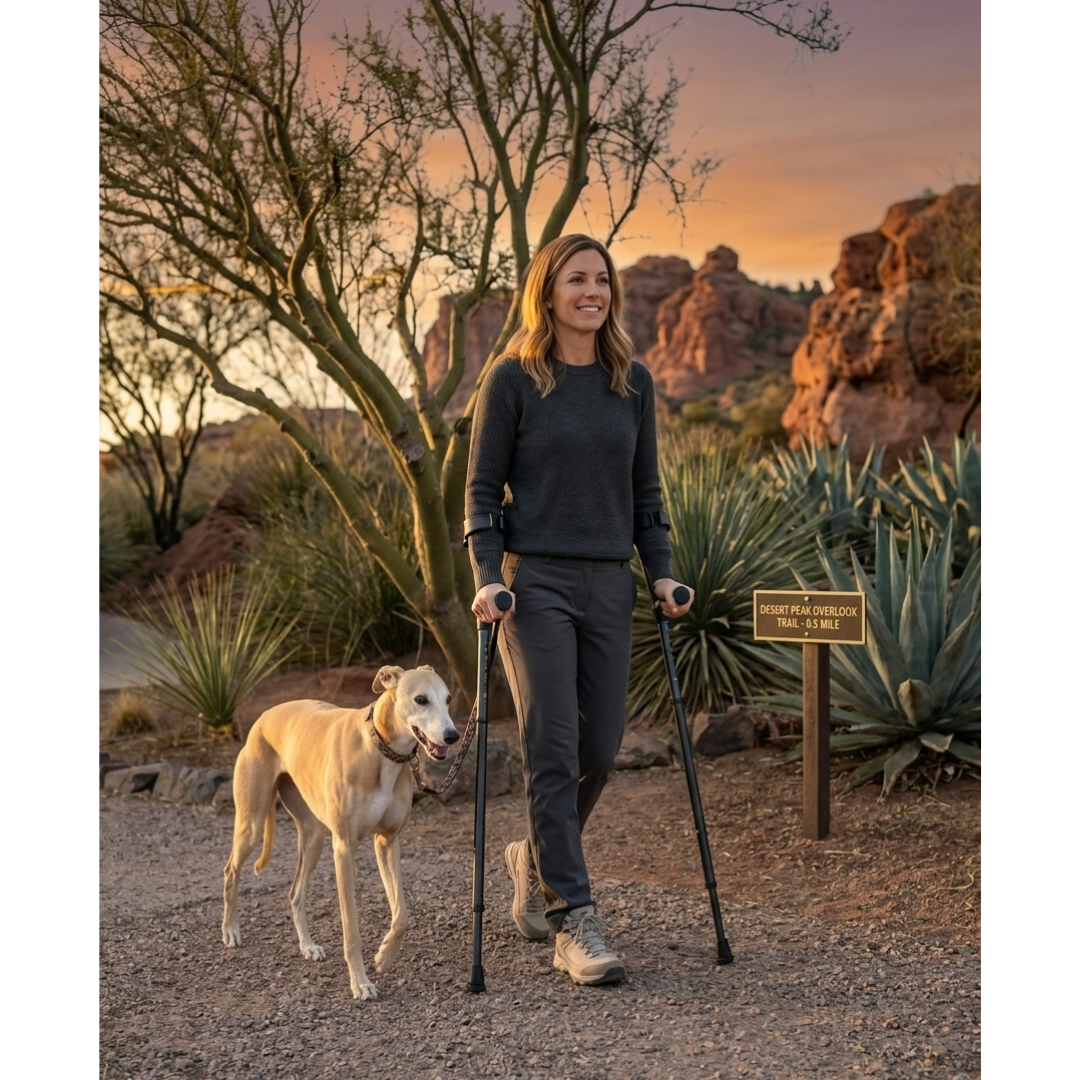 A woman using the Millennial Medical in-Motion Pro Forearm Crutch Set walks her dog along the Desert Foothills Trail at sunset, smiling as they pass a “1.6 miles” sign amid red rocks and desert plants—no spec table needed for this joy.