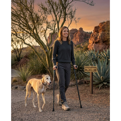 A woman using the Millennial Medical in-Motion Pro Forearm Crutch Set walks her dog along the Desert Foothills Trail at sunset, smiling as they pass a “1.6 miles” sign amid red rocks and desert plants—no spec table needed for this joy.