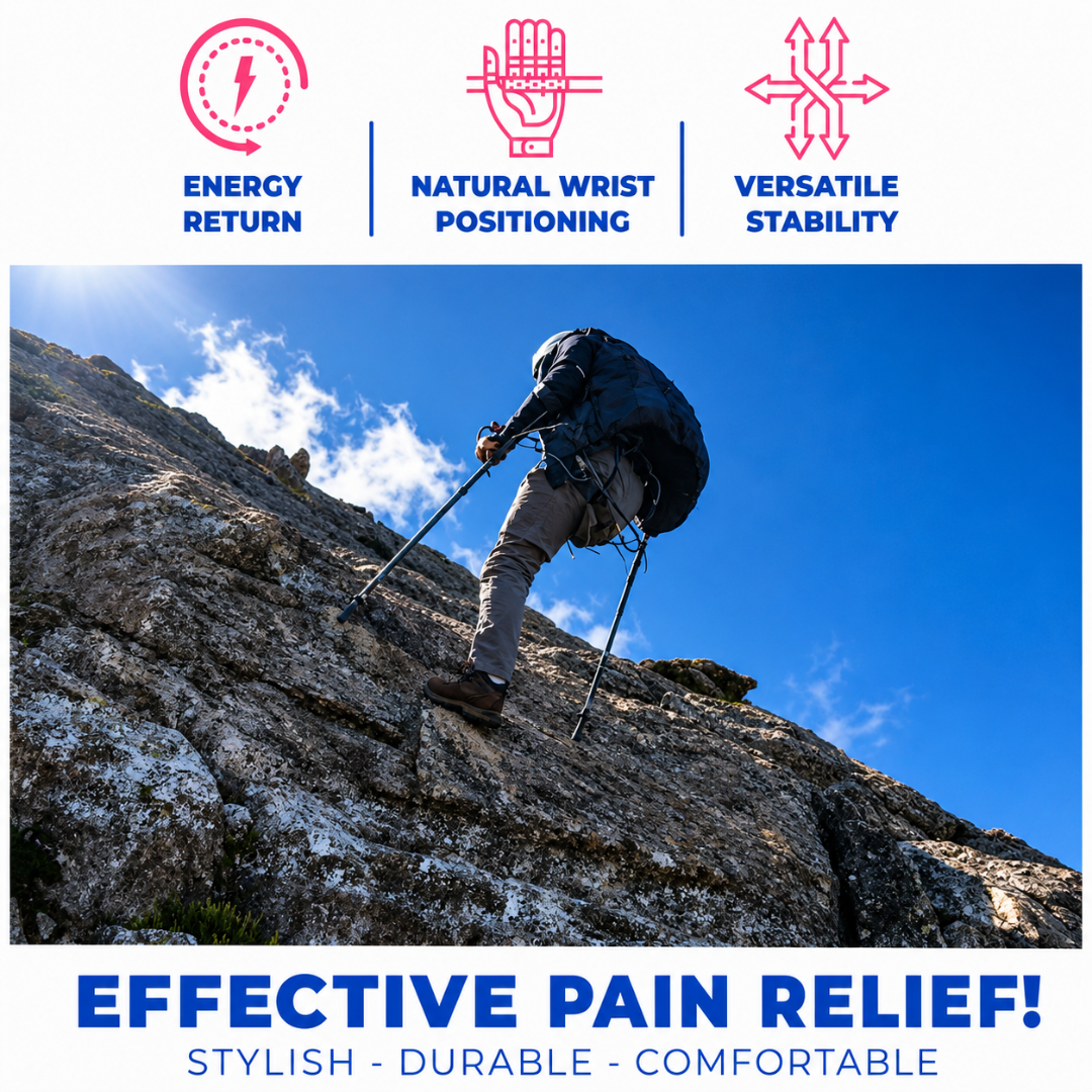 A hiker climbs a rocky hill with the Millennial Medical in-Motion Pro Forearm Crutch Set, enjoying energy return, natural wrist positioning, versatile stability, and pain relief—plus comfort and durability detailed in the product specs.