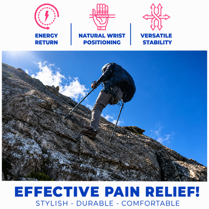 A hiker climbs a rocky hill with the Millennial Medical in-Motion Pro Forearm Crutch Set, enjoying energy return, natural wrist positioning, versatile stability, and pain relief—plus comfort and durability detailed in the product specs.