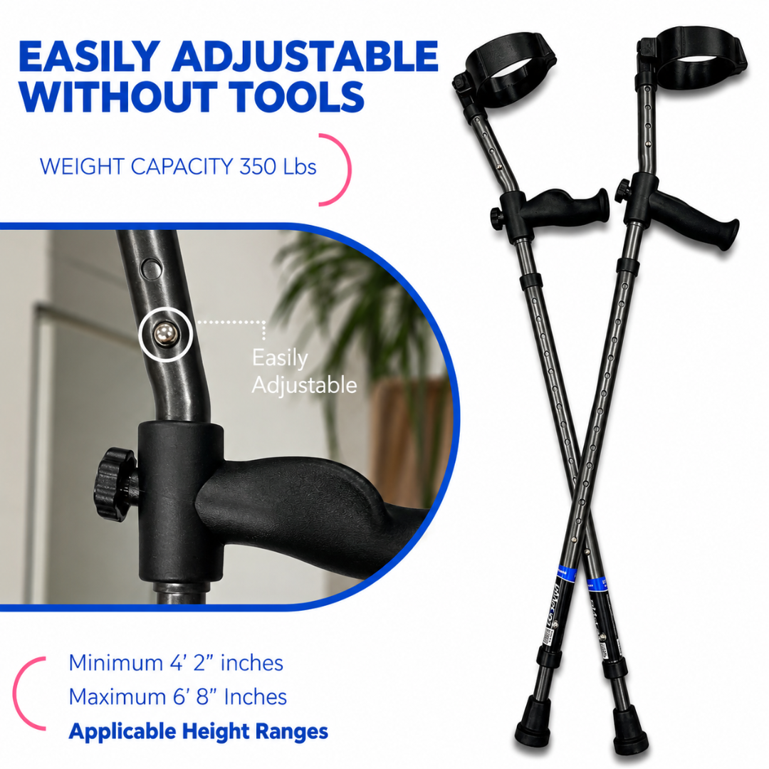 The Millennial Medical in-Motion Pro Forearm Crutch Set is shown crossed in black, featuring tool-free adjustment, 350 lbs weight capacity, and a height range from 42" to 68", with a close-up highlighting its easy-to-use adjustment mechanism.