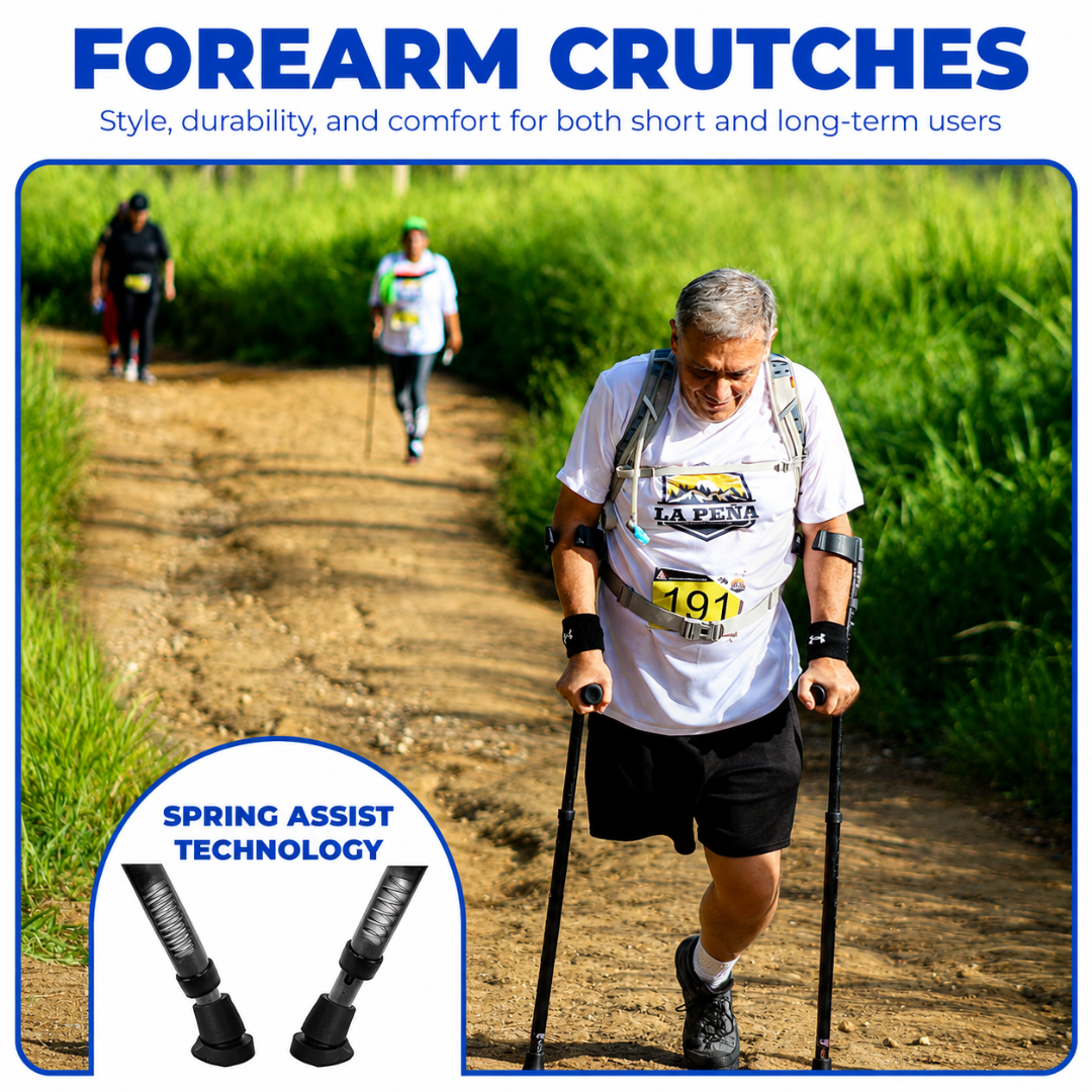 An older man walks a dirt trail using Millennial Medical in-Motion Pro Forearm Crutch Set, wearing athletic gear and a race bib. Text highlights “Forearm Crutches,” “Spring Assist Technology,” with product specs and crutch tips shown below.