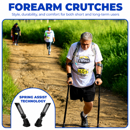 An older man walks a dirt trail using Millennial Medical in-Motion Pro Forearm Crutch Set, wearing athletic gear and a race bib. Text highlights “Forearm Crutches,” “Spring Assist Technology,” with product specs and crutch tips shown below.