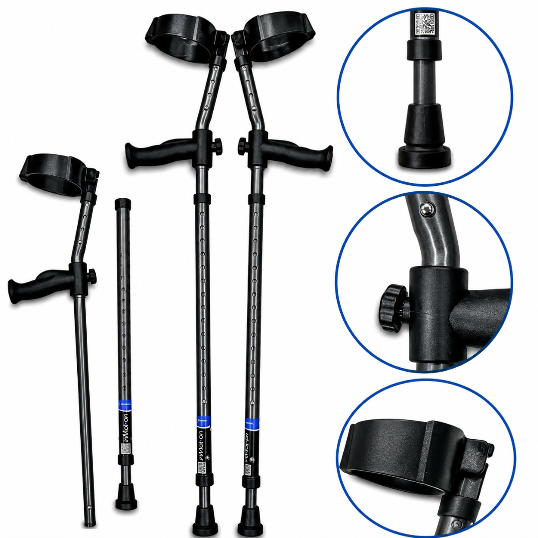 The Millennial Medical in-Motion Pro Forearm Crutch Set is shown from multiple angles, highlighting details such as the black base, adjustment knob, and forearm cuff for a clear view of its features.