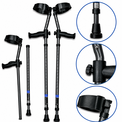 The Millennial Medical in-Motion Pro Forearm Crutch Set is shown from multiple angles, highlighting details such as the black base, adjustment knob, and forearm cuff for a clear view of its features.