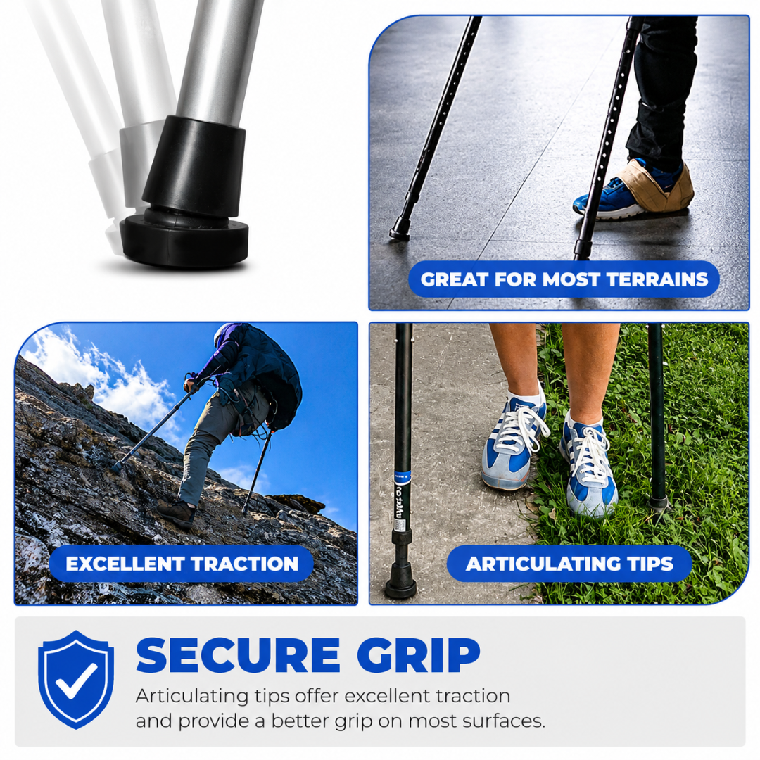 Collage of Millennial Medical in-Motion Pro Forearm Crutch Set: close-up of rubber tips, crutches on rough ground, flexing tip design, and text noting secure grip and great traction for most terrains—product specs presented in a clear table.