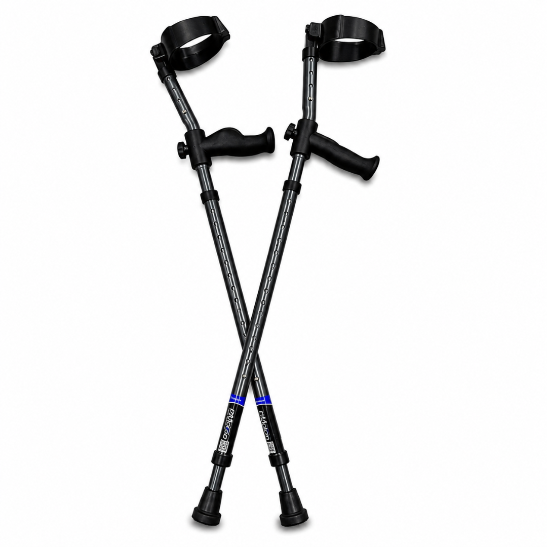 The Millennial Medical in-Motion Pro Forearm Crutch Set features ergonomic handles and adjustable height; shown here as two black crutches crossed in an X shape on a white background—ideal for product specification displays.
