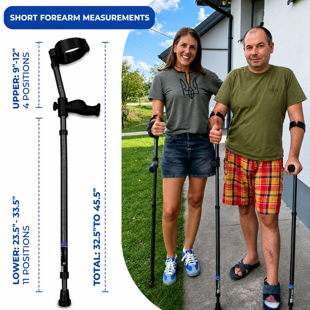Two people stand outdoors using Millennial Medical in-Motion Pro Forearm Crutches. A diagram on the left highlights specifications: upper section 9-12", lower section 23.5-33.5", and total height 32.5-45.5".