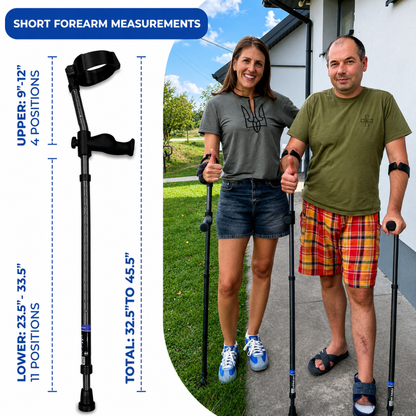 Two people stand outdoors using Millennial Medical in-Motion Pro Forearm Crutches. A diagram on the left highlights specifications: upper section 9-12", lower section 23.5-33.5", and total height 32.5-45.5".