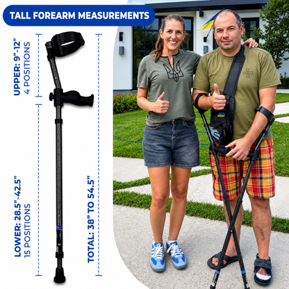 A woman and man pose outdoors giving thumbs up. The man uses Millennial Medical in-Motion Pro Forearm Crutch Set. A spec table shows upper (9-12"), lower (28.5-42.5"), and total height (38-54.5") measurements.