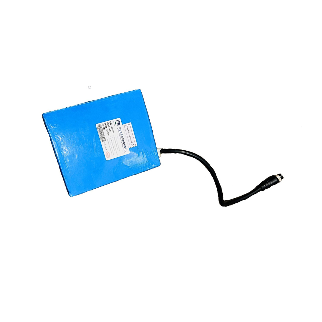 A rectangular blue Battery for The Miracle Mobility 4n1 Powerchair Rollator with a black cable and round connector is shown on a white background, featuring a white label with text and barcode on top.