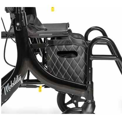 Close-up of the Miracle Mobility Portable 4N1 Walker Wheelchair Combo in black, featuring a quilted storage bag on the side, visible frame, seat, and wheels. The word "Mobility" appears on this lightweight mobility solution.