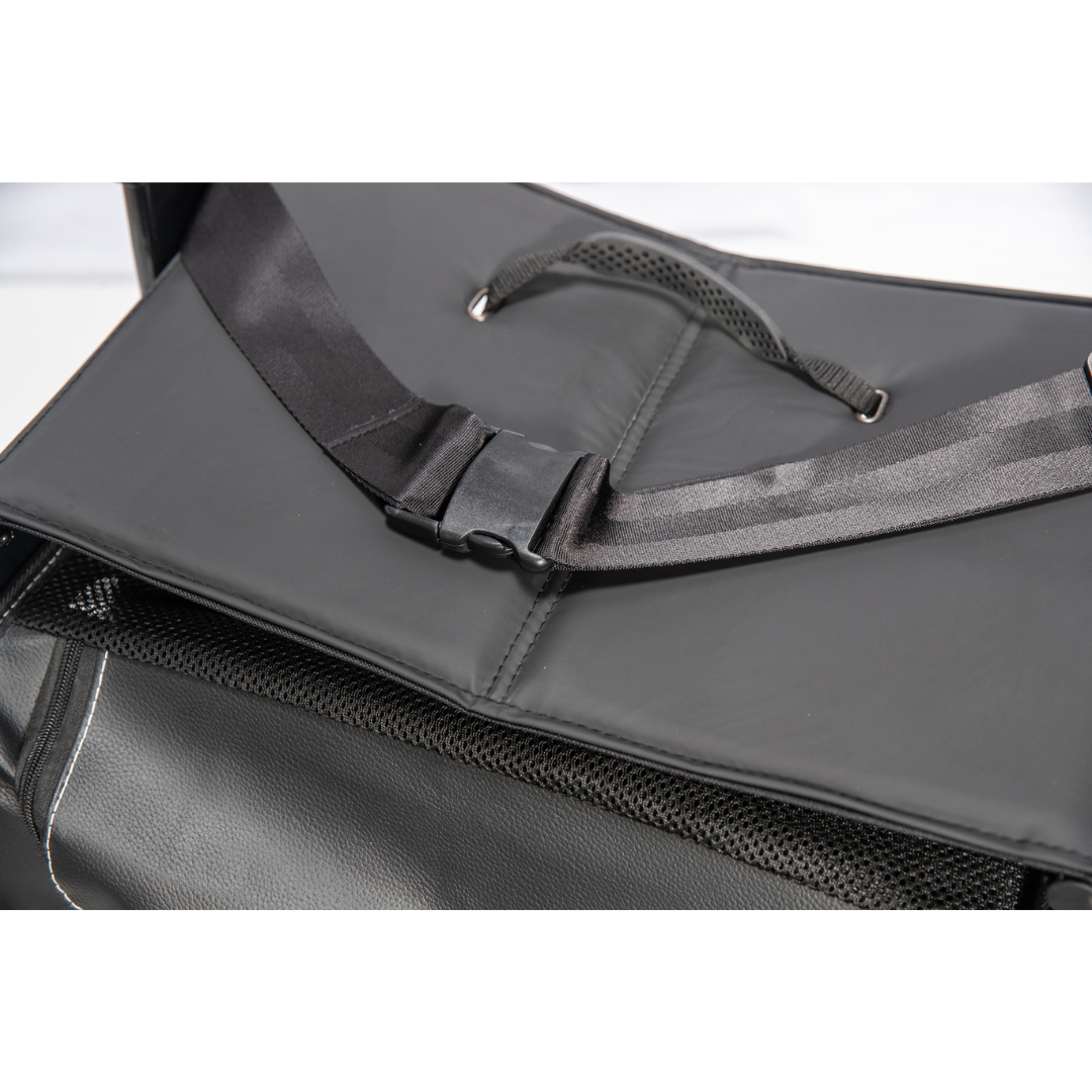 Close-up of the Miracle Mobility Portable 4N1 Walker Wheelchair Combo’s black travel bag, featuring a handle, plastic buckle on an adjustable strap, and side mesh ventilation—perfect for those seeking a lightweight mobility solution.