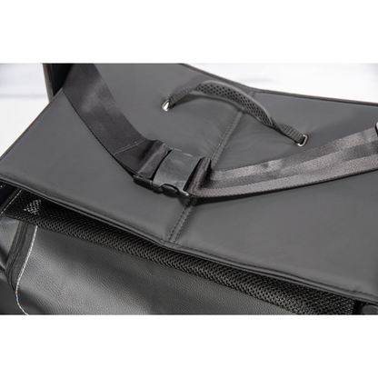 Close-up of the Miracle Mobility Portable 4N1 Walker Wheelchair Combo’s black travel bag, featuring a handle, plastic buckle on an adjustable strap, and side mesh ventilation—perfect for those seeking a lightweight mobility solution.