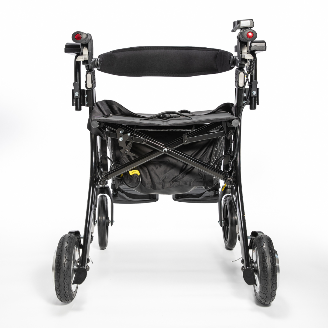 The Miracle Mobility Portable 4N1 Walker Wheelchair Combo is a black, folding travel aid with four wheels, rear view against white. It features a cushioned backrest, hand brakes, and a storage pouch under the seat.