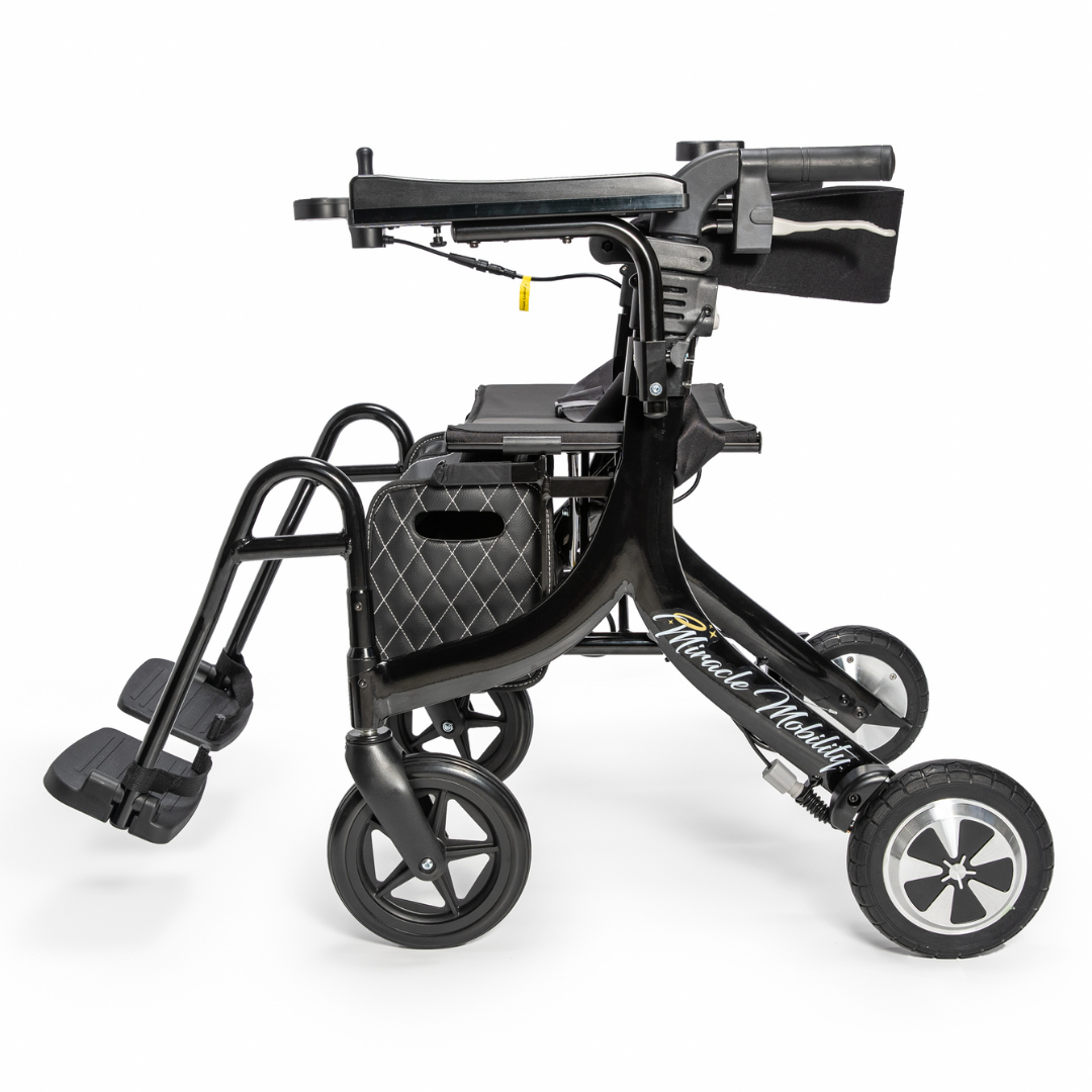 The Miracle Mobility Portable 4N1 Walker Wheelchair Combo is a black, modern mobility aid featuring a padded seat, footrests, storage pouch, and large wheels for use as both a walker and transport chair—ideal for versatile travel support.