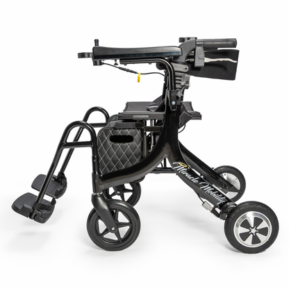 The Miracle Mobility Portable 4N1 Walker Wheelchair Combo is a black, modern mobility aid featuring a padded seat, footrests, storage pouch, and large wheels for use as both a walker and transport chair—ideal for versatile travel support.