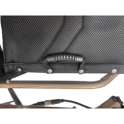 Close-up of the Miracle Mobility Falcon 5000 Lightweight Powerchair’s black mesh seat with a textured plastic handle, mounted on its metallic frame. A cable and bronze-colored support bar are visible underneath.