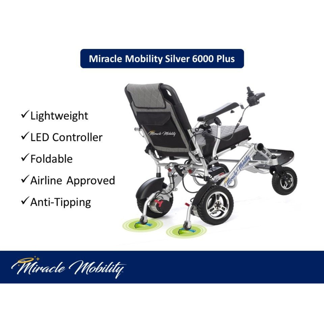 The Miracle Mobility 6000 Plus Portable Electric Wheelchair is displayed at an angle, highlighting its features: lightweight build, LED controller, foldable design, airline approval, and anti-tipping. The wheelchair is silver with black seating.