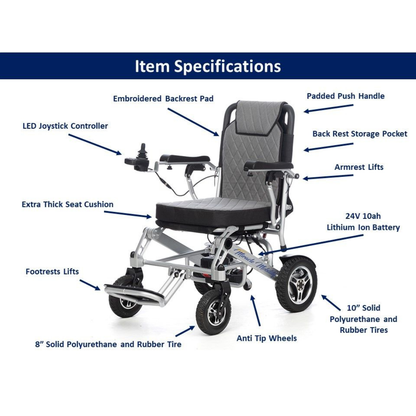 The Miracle Mobility 6000 Plus Portable Electric Wheelchair features a labeled embroidered backrest pad, LED joystick controller, extra thick seat cushion, padded push handle, liftable armrests and footrests, storage pocket, and durable wheels.
