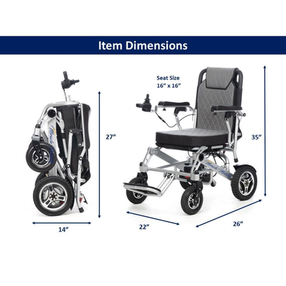 The Miracle Mobility 6000 Plus Portable Electric Wheelchair is shown folded (14" wide, 27" high) and unfolded (26" long, 22" wide, 35" high), featuring a 16"x16" seat. A blue label displays Item Dimensions.