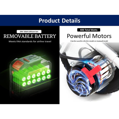Split image of Miracle Mobility 6000 Plus Portable Electric Wheelchair: left side highlights a 24V removable lithium-ion battery; right side features a powerful 400-watt motor for electric or manual driving modes.