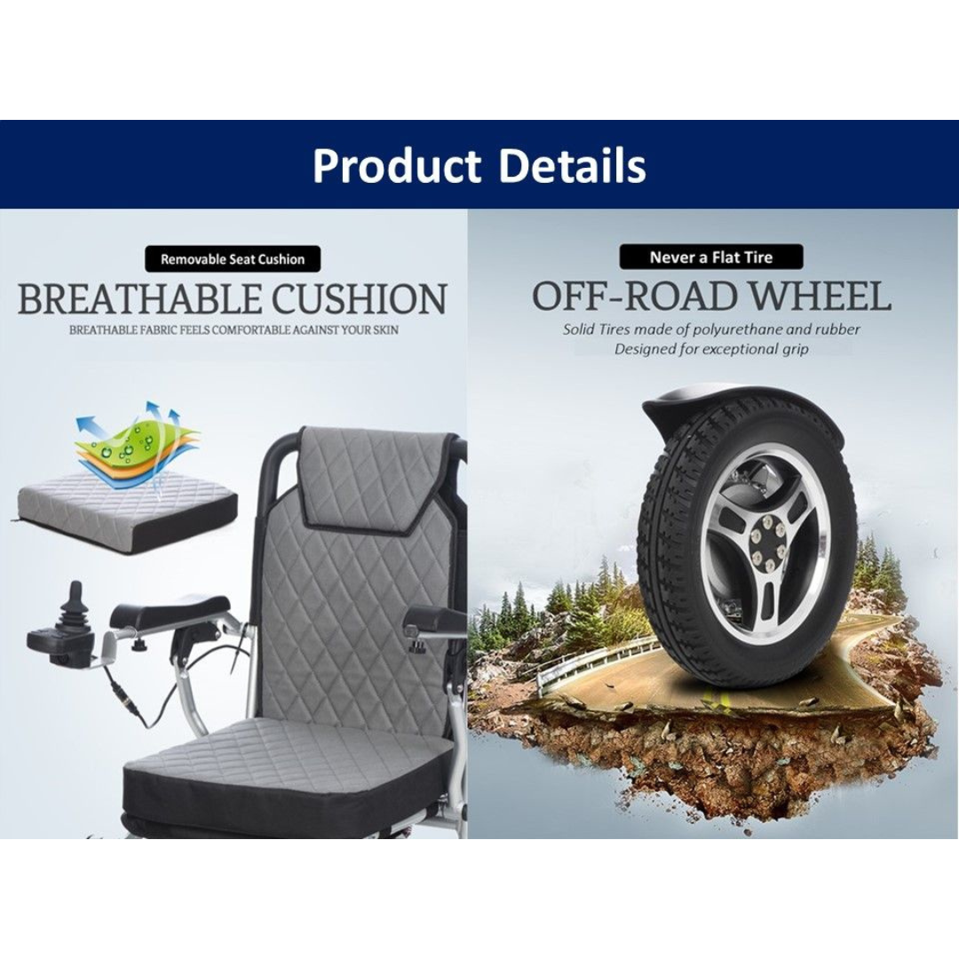 Split image: left shows the Miracle Mobility 6000 Plus Portable Electric Wheelchair’s removable, breathable seat cushion; right features a solid off-road wheel on rough terrain. Text highlights comfort and never-flat tires.