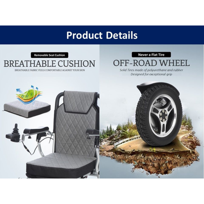 Split image: left shows the Miracle Mobility 6000 Plus Portable Electric Wheelchair’s removable, breathable seat cushion; right features a solid off-road wheel on rough terrain. Text highlights comfort and never-flat tires.