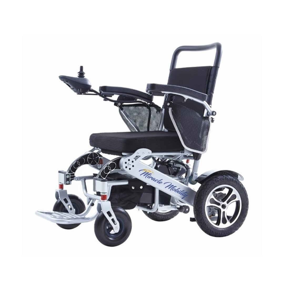 The Miracle Mobility Palladium 8500 Portable Powerchair is a modern, lightweight, foldable electric wheelchair with a black seat, silver frame, large rear wheels, and armrest joystick—perfect for travel and convenience.