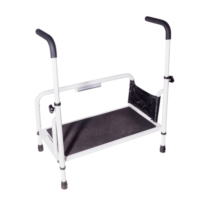 The Stander Step Bedside Platform with LED Lighting is a white bed safety step with two side handles, a non-slip black platform, and a small black storage pouch to assist with getting in and out of bed or elevated surfaces.