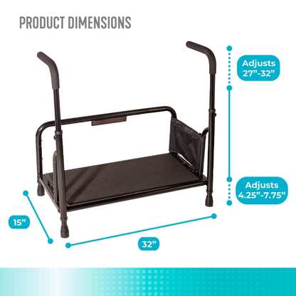 The Stander Step Bedside Platform with LED Lighting features a black support frame with padded handles, mesh storage pouch, non-slip step, and adjustable height (27–32″), 32″ width, leg height (4.25–7.75″), and 15″ depth.