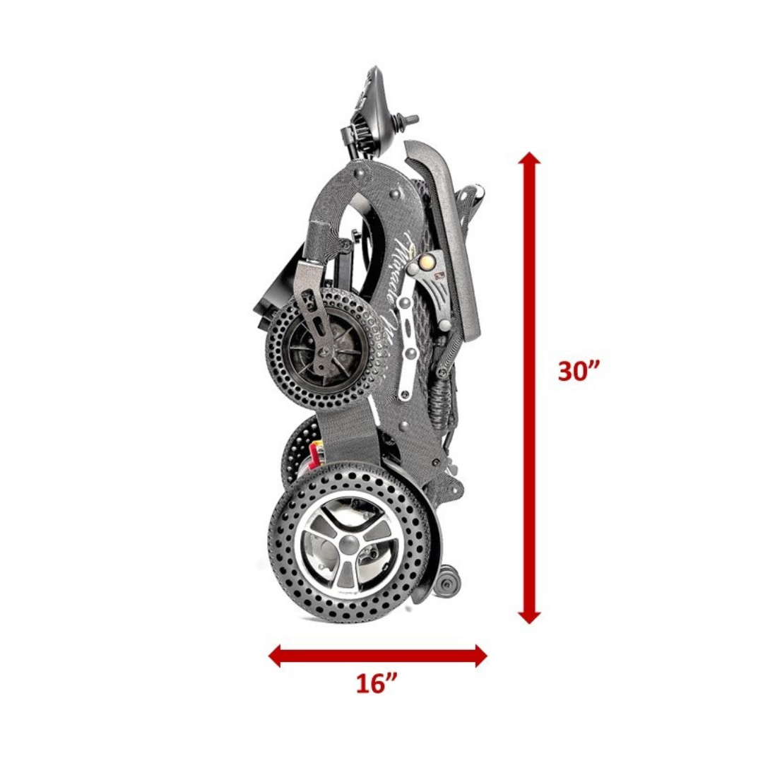 The Miracle Mobility Palladium 8500 Portable Powerchair, shown folded and viewed from the side, is black and measures 30" tall by 16" wide, with red arrows and labels marking its dimensions.