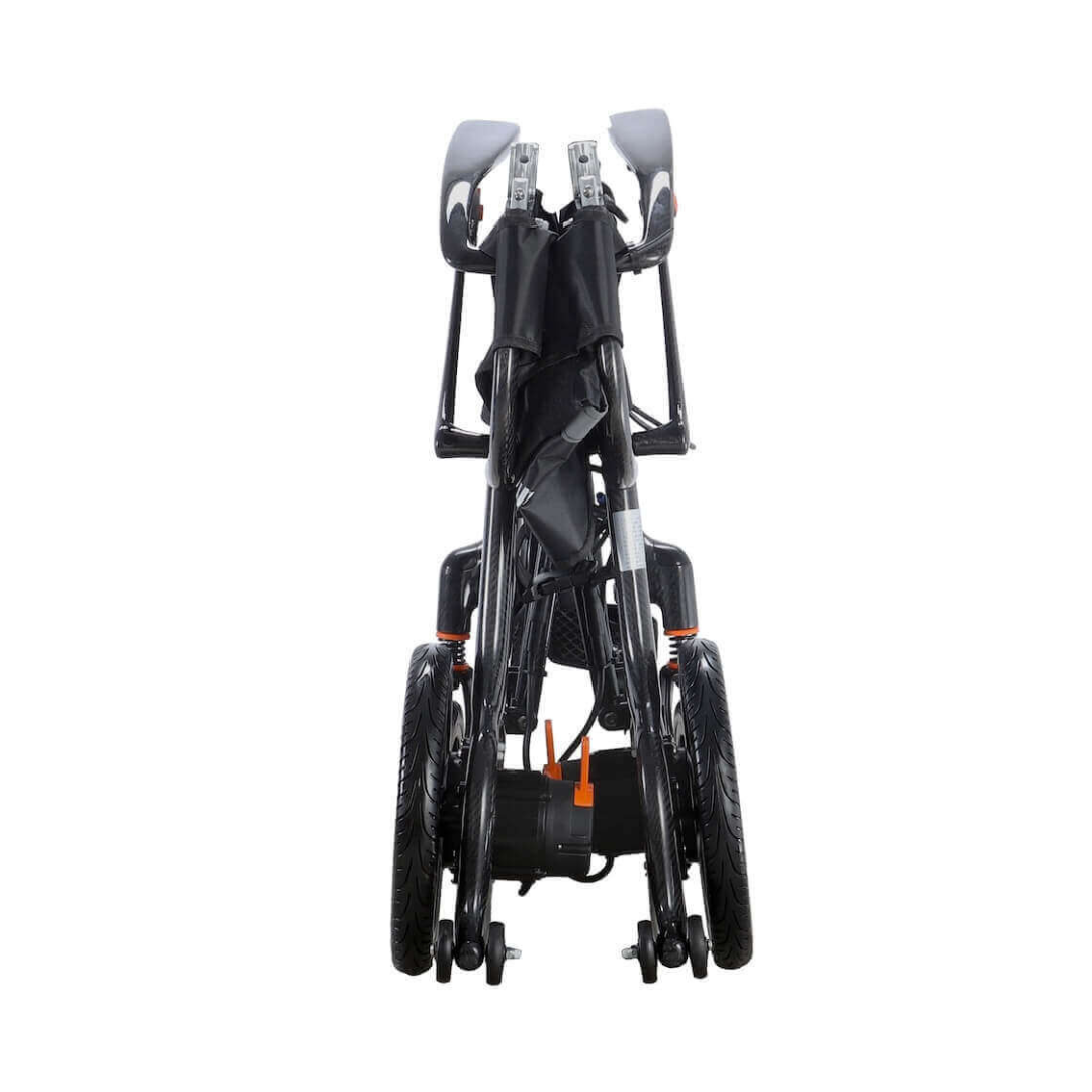 The Foldawheel Model CX Lightweight Portable Powerchair (only 28 lbs) is shown from the front in its compact, folded position, featuring large rear wheels and small front casters.