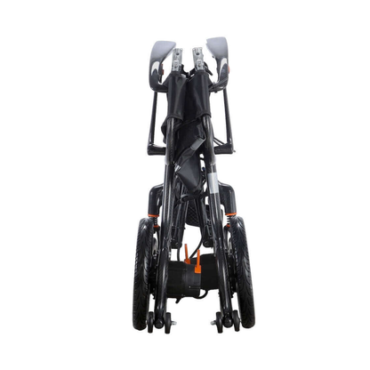 The Foldawheel Model CX Lightweight Portable Powerchair (only 28 lbs) is shown from the front in its compact, folded position, featuring large rear wheels and small front casters.