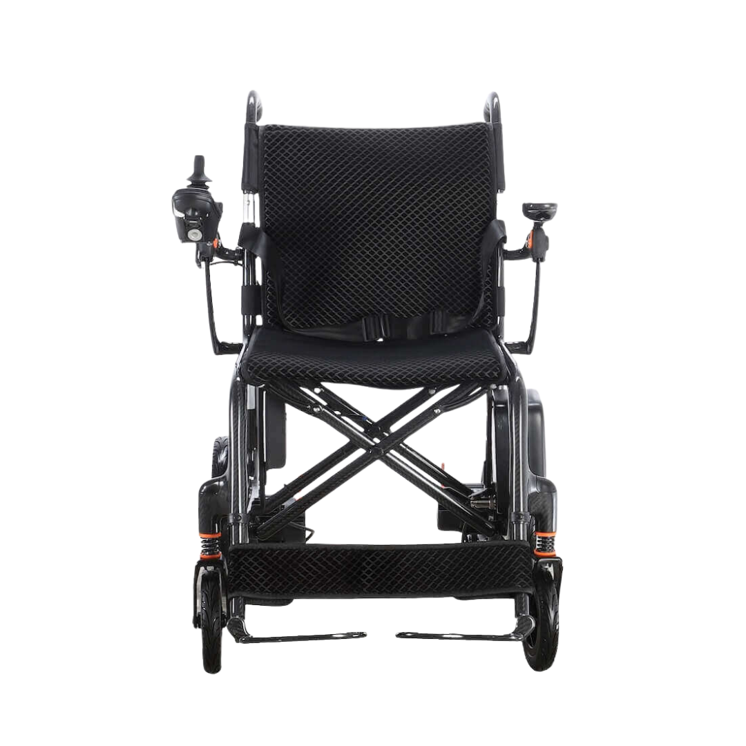 Front view of the Foldawheel Model CX Lightweight Portable Powerchair (only 28 lbs) with armrests, left-sided joystick control, mesh seat, and footrests, isolated on a white background.