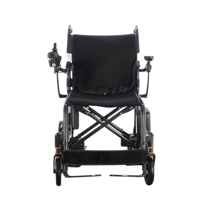 Front view of the Foldawheel Model CX Lightweight Portable Powerchair (only 28 lbs) with armrests, left-sided joystick control, mesh seat, and footrests, isolated on a white background.