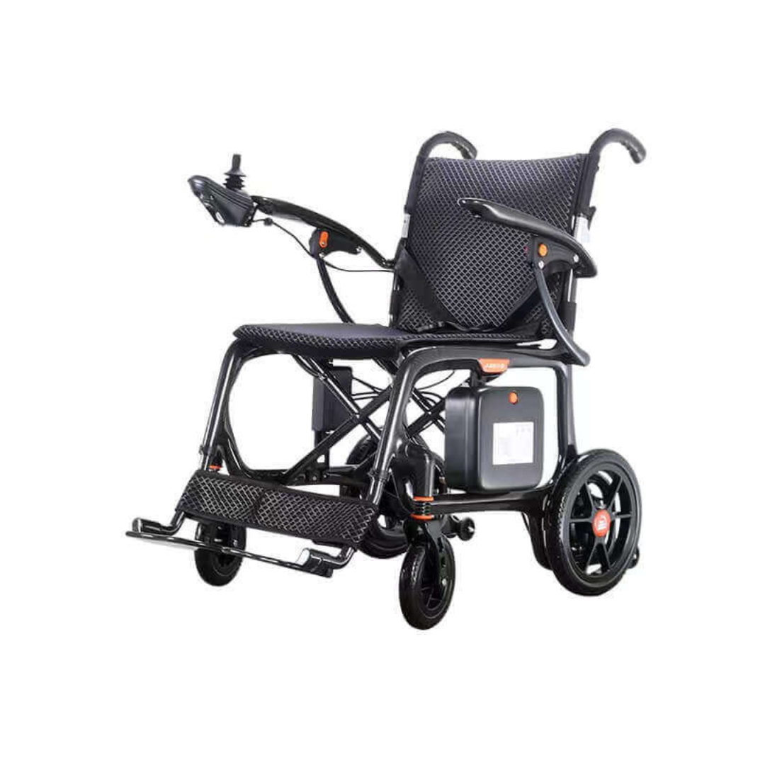 The Foldawheel Model CX Lightweight Portable Powerchair (only 28 lbs) is a black folding wheelchair with joystick armrest control, mesh seat and back, large rear wheels, and foldable footrests for easy transport.