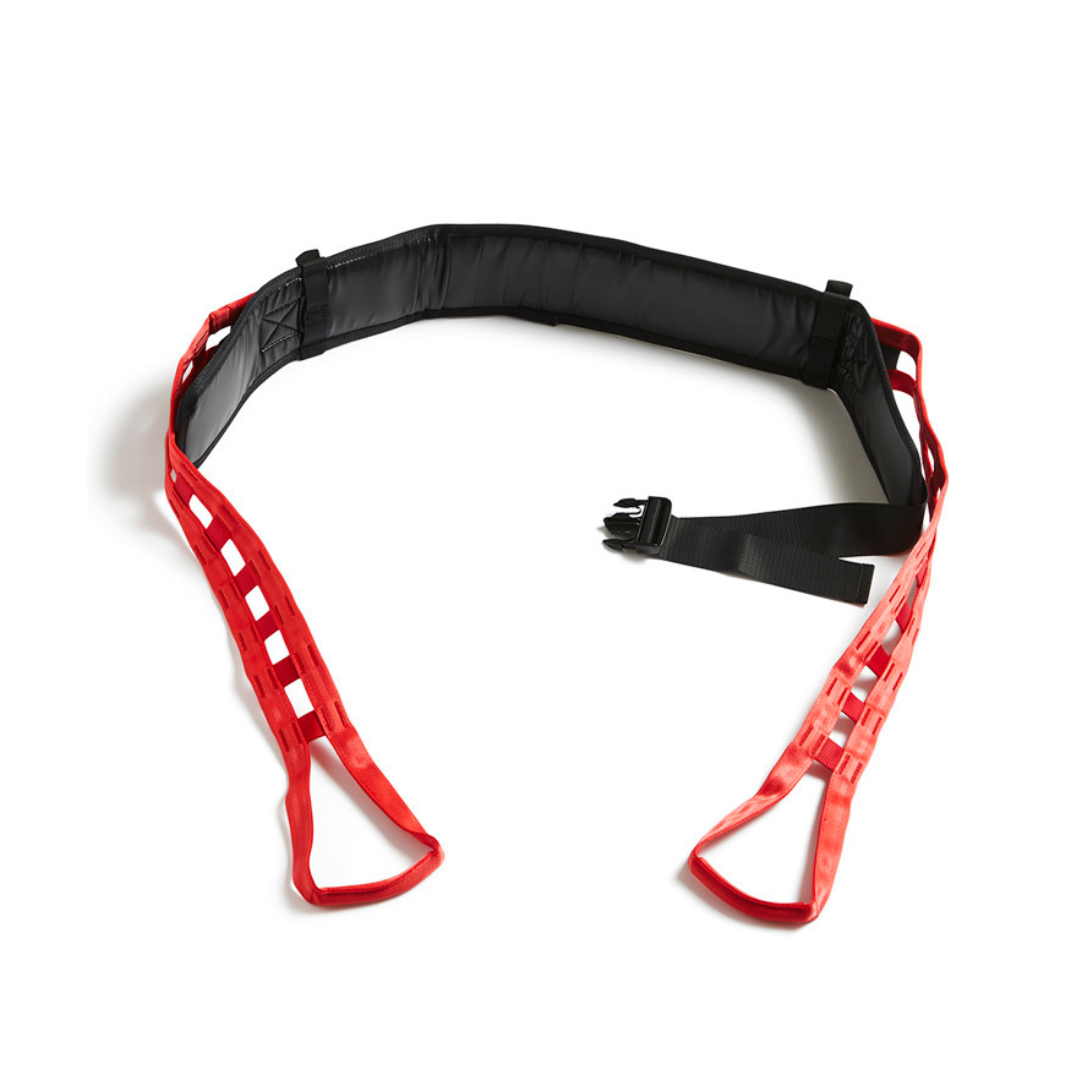 A padded black Assist Belt For Molift Transfer Aids with red mesh handles and a black buckle strap, laid out flat on a white background.