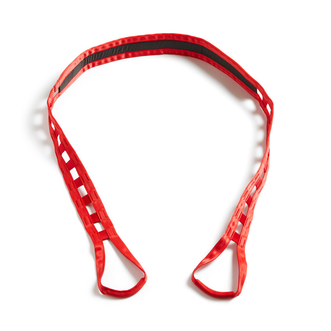 The Assist Strap For Molifts is a red nylon strap featuring loops at each end and a grid-like design, shown on a white background.