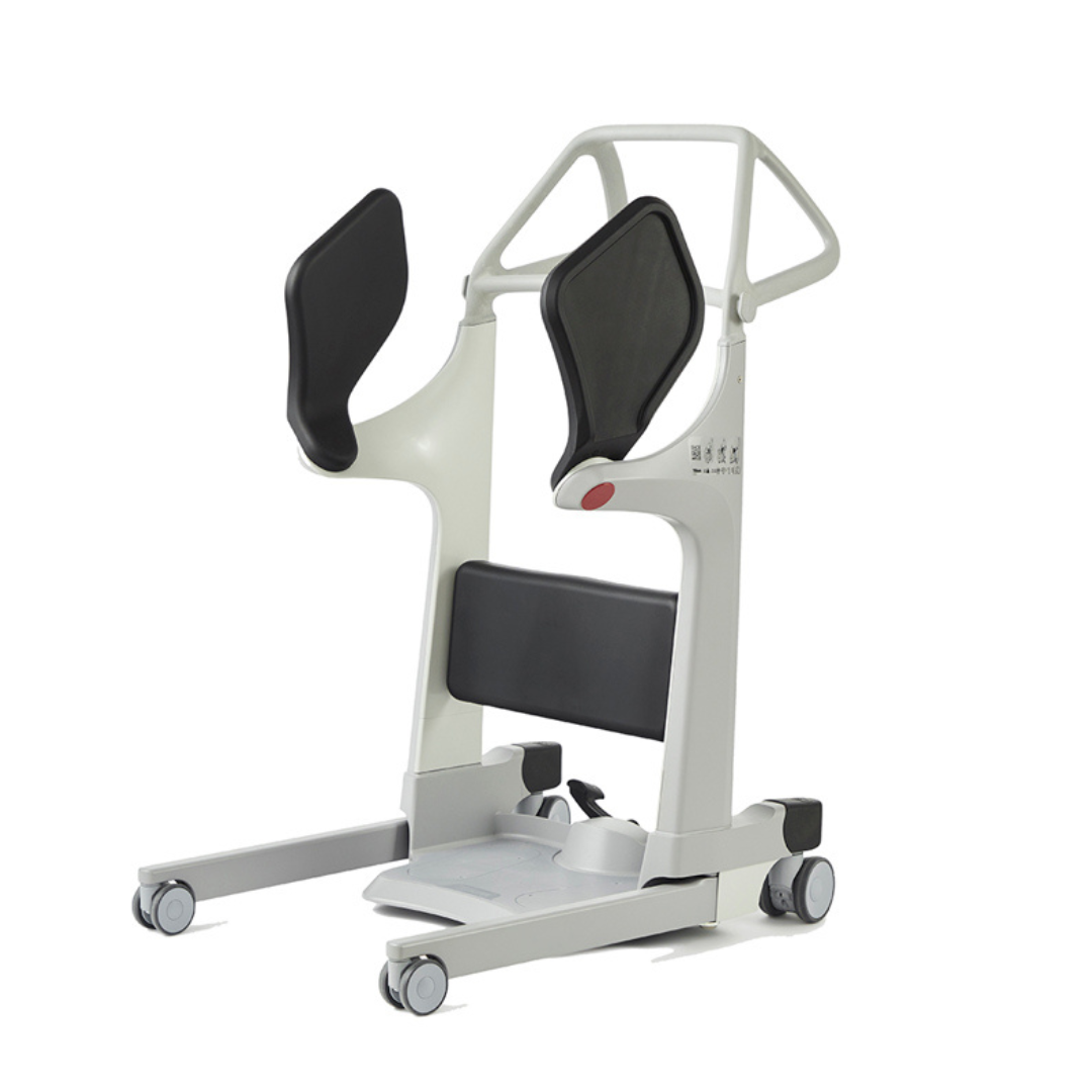 The Molift Transfer Pro - Innovative Sit-To-Stand Patient Lift is a modern patient transfer chair featuring black cushions, a white frame, handles, and wheels, designed as an active transfer aid to help mobility-impaired individuals move safely and comfortably.