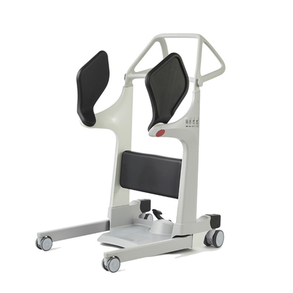 The Molift Transfer Pro - Innovative Sit-To-Stand Patient Lift is a modern patient transfer chair featuring black cushions, a white frame, handles, and wheels, designed as an active transfer aid to help mobility-impaired individuals move safely and comfortably.