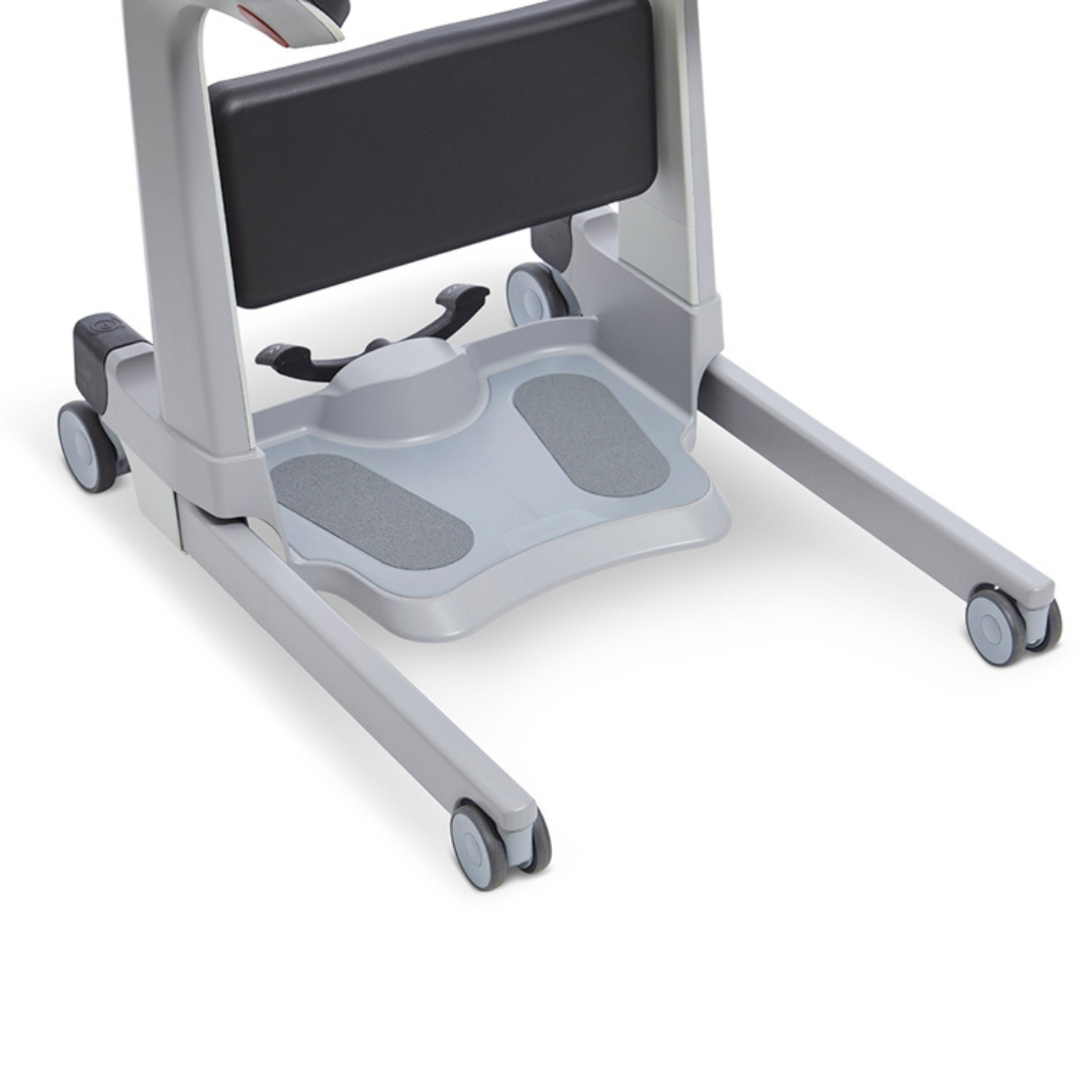 A close-up of the Molift Transfer Pro - Innovative Sit-To-Stand Patient Lift, highlighting its gray frame, wheels, footplate with textured pads, and a section of the padded support.