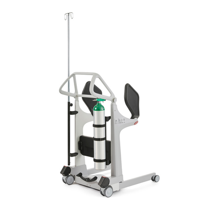 The Molift Transfer Pro - Innovative Sit-To-Stand Patient Lift is a medical mobility device featuring wheels, padded arm supports, an IV pole, and an attached oxygen tank, designed to assist patients with walking or standing.
