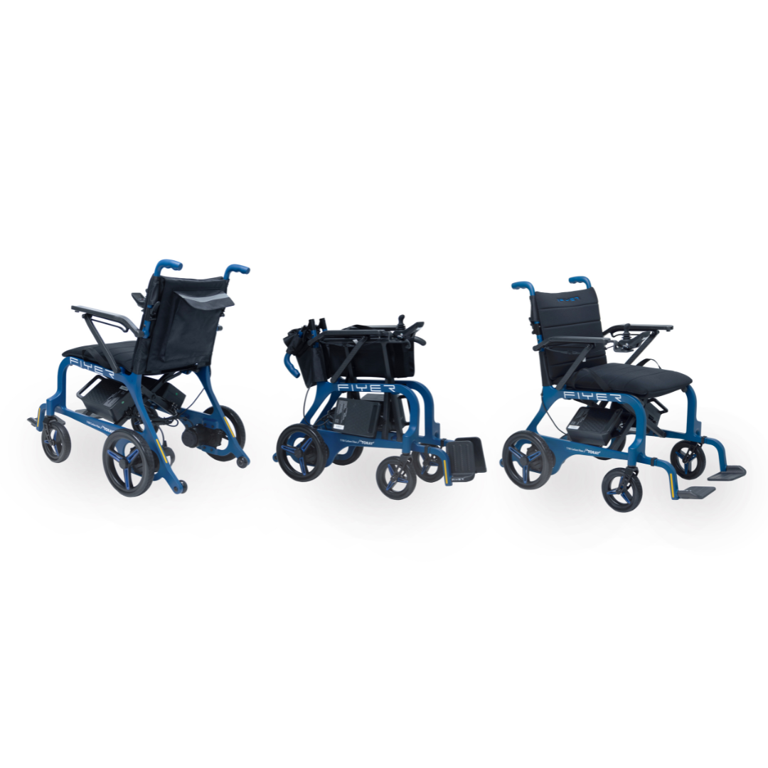 The Monarch Flyer Ultra-Lite Carbon Powerchair is shown fully open, partially folded, and completely folded for compact storage. It features large rear wheels, small front wheels, black cushioned seats and armrests, plus clear specifications.