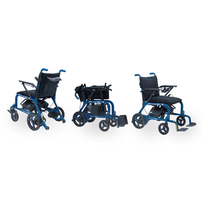 The Monarch Flyer Ultra-Lite Carbon Powerchair is shown fully open, partially folded, and completely folded for compact storage. It features large rear wheels, small front wheels, black cushioned seats and armrests, plus clear specifications.