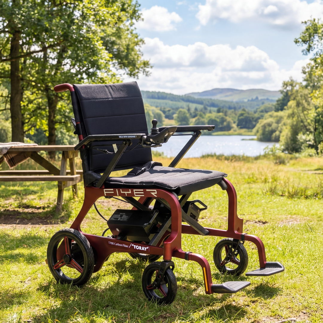 The Monarch Flyer Ultra-Lite Carbon Powerchair, in vibrant red, is shown on grass by a picnic table, set against a beautiful lakeside with trees and hills—an ideal spot to experience its modern features in action.