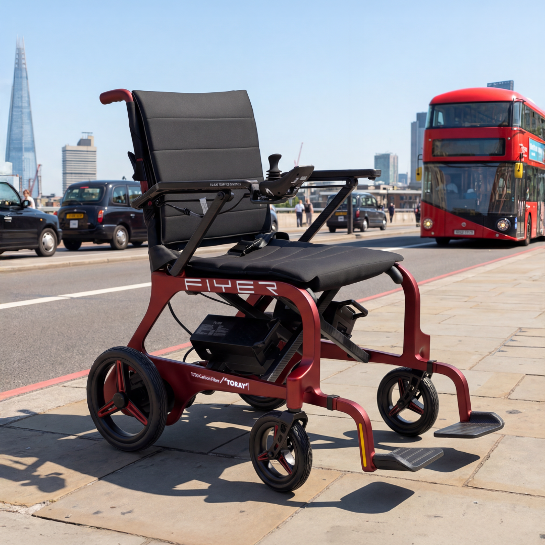 The Monarch Flyer Ultra-Lite Carbon Powerchair sits on a London sidewalk near a red double-decker bus, with the Shard in view. Discover specs and videos at our website.