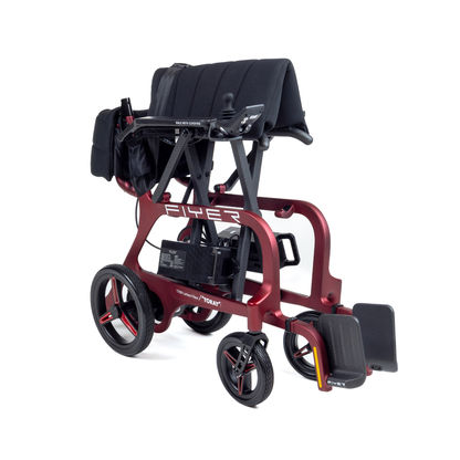 The Monarch Flyer Ultra-Lite Carbon Powerchair is a modern red and black mobility device with four large wheels, padded seat, armrests, footrest, and partial folding for easy transport. See specs and videos to learn more about its features.