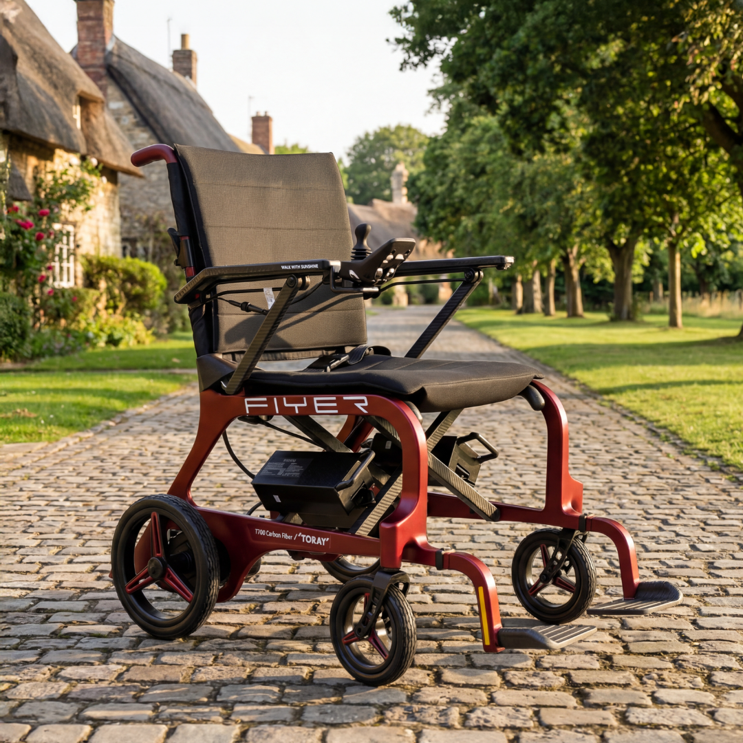 The Monarch Flyer Ultra-Lite Carbon Powerchair, a modern and lightweight red wheelchair, sits on a cobblestone path with scenic thatched-roof cottages in the background—ideal for videos highlighting its features.