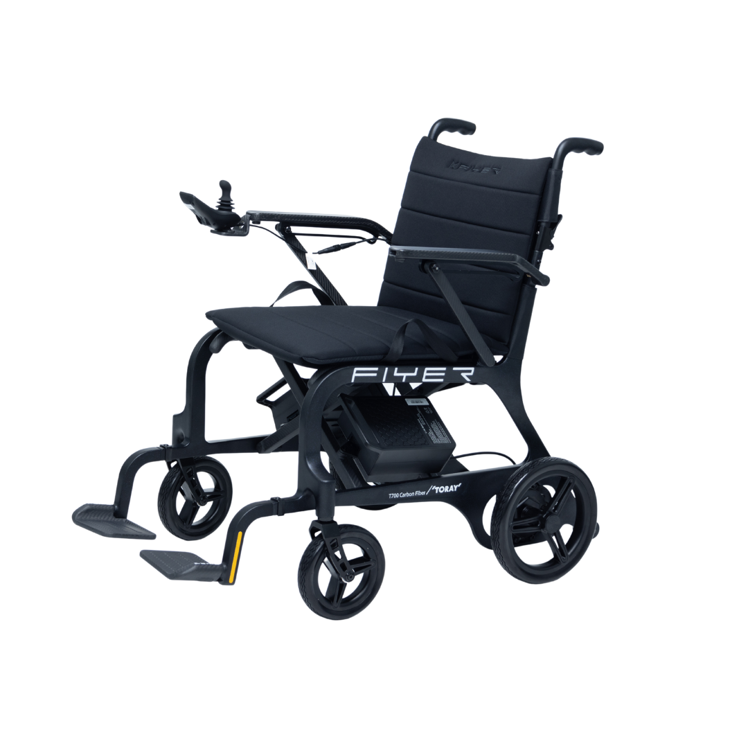 The Monarch Flyer Ultra-Lite Carbon Powerchair is a modern, lightweight black electric wheelchair with joystick armrest control, cushioned seat and backrest, and sturdy wheels on a white background. Contact us for specs or warranty details.